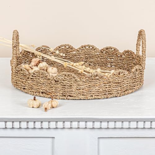 Household Essentials Round Handwoven Seagrass Tray with Scalloped Edge and Handles, Natural - Image 6