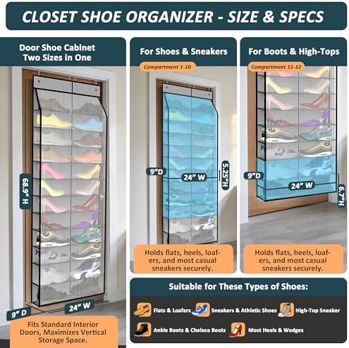 Kotkn 24-Pair Over Door Shoe Organizer for Family & Kids, Double Sided | Hanging Storage for Sneakers, Boots, Toys & Room Organization-Graphite Gray - Image 2