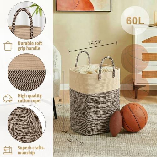 Laundry Basket,Woven Cotton Rope Laundry Hamper,Versatile Storage for Dirty Clothes,Baby Toys,and Blankets in Bathroom, Nursery,and Living Room (Jute, 60L) - Image 2
