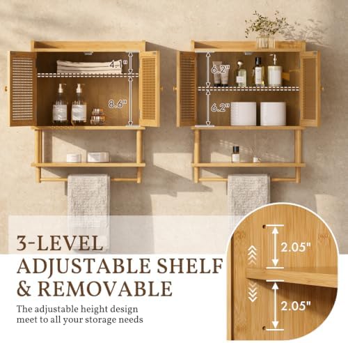 AmazerBath Bathroom Wall Cabinets, Bamboo Medicine Cabinet with Rattan Door, Large Over The Toilet Storage Cabinet with Towel Bar, Wall Mounted Cabinet with Adjustable Shelves for Small Spaces - Image 3