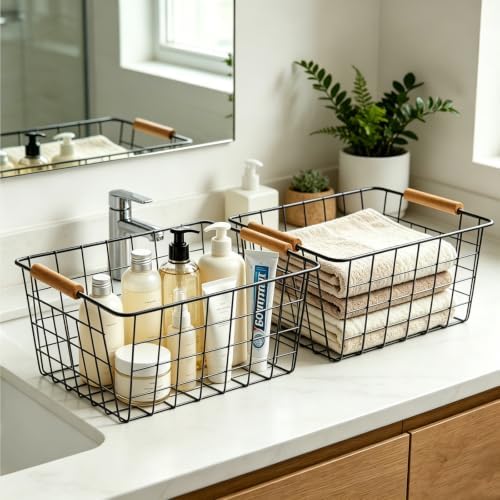 4 Pack Black Metal Wire Storage Baskets, Pantry Baskets for Organizing, Wire Food Storage Basket Organizer with Wooden Handles for Kitchen, Pantry, Freezer - 29 x 22 x 12cm - Image 6