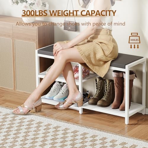 ZHOOGE Shoe Bench & Rack Storage Bench with Seat Cushion, Stable Entryway Bench Holds Up to 300 lb, (35" L x 12" W x 17" H, White) - Image 3