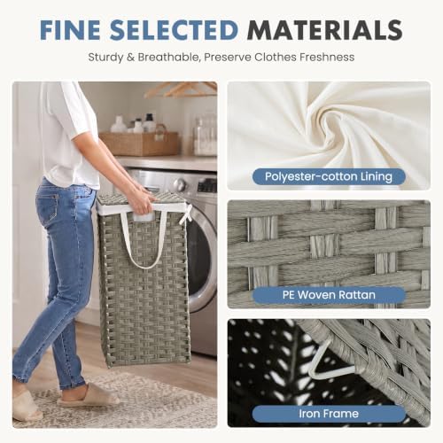 DUMOS Laundry Basket with Lid, 65L Wicker Laundry Hampers, Dove Gray - Image 3