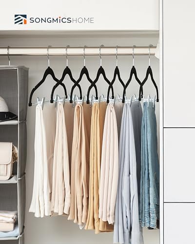 SONGMICS HOME Velvet Pants Hangers with Adjustable Clips, Non-Slip Space-Saving Clothes Hangers, 20 Pack, Shoulder Notches for Skirts, Black - Image 2