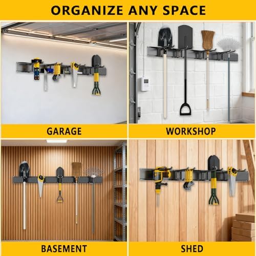 Garage Tool Organizer Wall Mount, 48inch Heavy-Duty Garage Storage System and Garden Tool Organizer with 9 Adjustable Hooks for Shovel, Snowboard, Yard Tools and Shed - Image 6