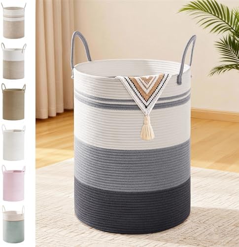 58L Tall Cotton Rope Laundry Basket with Handles, Grey Striped by SunNewt