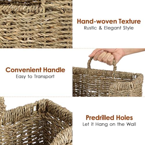 BTSKY Woven Hanging Magazine Holder, Seagrass Magazine Basket, Wall Mounted Storage Basket for Books & Files, Wall File Organizer Magazine Rack with Handle for Home & Office - 12x4.3x7.9 Inch - Image 4