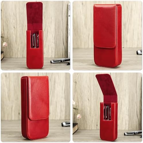 Top Grain Genuine Leather 3 Pen/Pencil Tray Case Holder, Solid Fashion Design No Logo, Handmade, Magnetic Closing with Drawer Design, Gift Choice for Man/Woman/Office, Glossy Red, 3 Slots - Image 2
