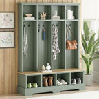 Merax Farmhouse Hall Tree with Bench and Shoe Storage, 59" Entryway Bench with Coat Rack, 3-in-1 Hall Tree with Top Compartments and 8 Hooks for Hallway, Living Room, Green by Merax