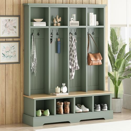 Merax Farmhouse Hall Tree with Bench and Shoe Storage, 59" Entryway Bench with Coat Rack, 3-in-1 Hall Tree with Top Compartments and 8 Hooks for Hallway, Living Room, Green by Merax