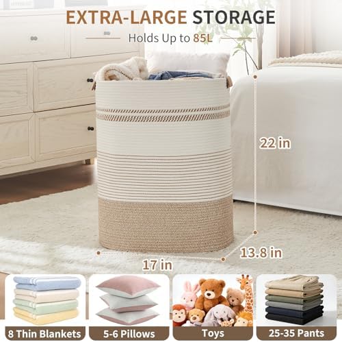 AINUOQI Laundry Basket with Handles - Blanket Basket & Hampers for Bedroom Aesthetic, Laundry Hamper & Blanket Storage for Living Room, Clothes Hamper, Tall, Large 17" x 14" x 22”, Light Brown & White - Image 2