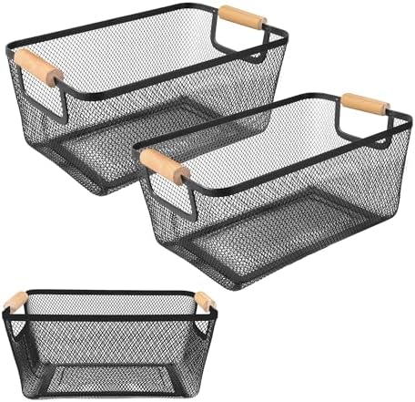 2 Pack 12" Wide Metal Mesh Baskets with Bamboo Handles for Pantry Organization | Wire Storage Bins for Kitchen, Cabinet, Fruit & Snacks | Decorative Farmhouse Style Organizer by PTSGCAI