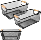 2 Pack 12" Wide Metal Mesh Baskets with Bamboo Handles for Pantry Organization | Wire Storage Bins for Kitchen, Cabinet, Fruit & Snacks | Decorative Farmhouse Style Organizer by PTSGCAI