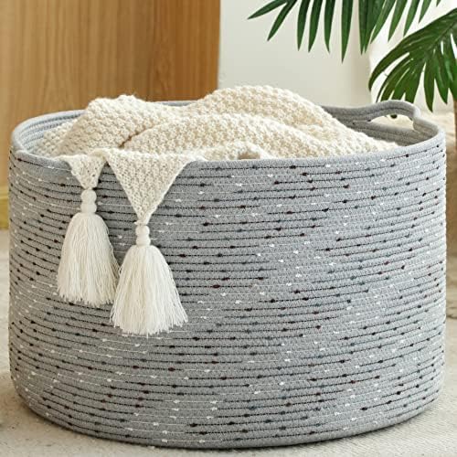 KAKAMAY Large Blanket Basket (20"x13"),Woven Baskets for storage Baby Laundry Hamper, Cotton Rope Blanket Basket for Living Room, Laundry, Nursery, Pillows, Grey with Blue & Brown Dotted by KAKAMAY