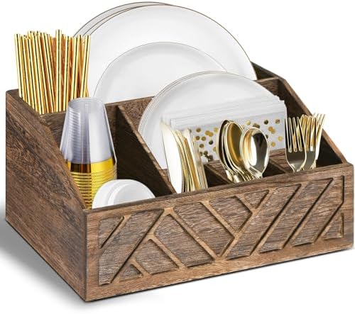 Ukonvi Paper Plate Dispenser, Paper Plate Holder for Kitchen Counter, Wood Rustic Silverware Utensil Caddy, Cutlery Flatware Organizer Box for Cups Spoons Forks Plates Napkins, Kitchen Accessories by Ukonvi