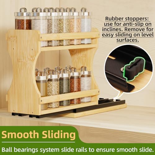 BAMEOS Pull Out Spice Rack Organizer for Cabinet, Bamboo Wide 4.2" Slide Out Seasoning Organizer for Kitchen, No Drill Anti-Tip Ball Bearing Silent Glides, Pantry Cabinet Organizer,Natural - Image 3