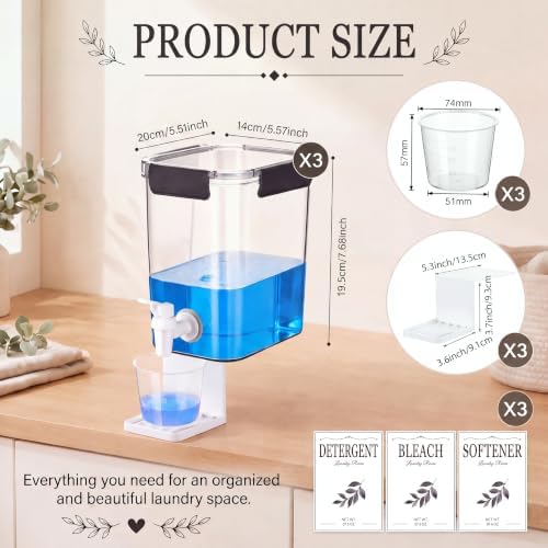 Soaoo 3 Set 67.6 oz Liquid Laundry Detergent Dispenser with Faucet and Cup Holder Labels Plastic Fabric Softener Container Detergent Drip Catcher for Laundry Room Washing Soap - Image 2