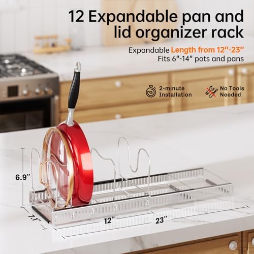 MUDEELA Expandable Pot Pan Lid Organizers inside Cabinet, 12 Divider-Silver - Image 2