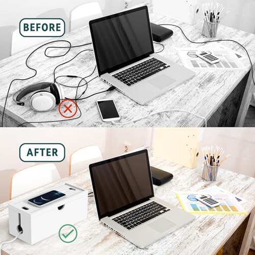 Bamboo Cable Management Box, Large Cord Organizer Box Cable Box to Hide Wires & Power Strips for Desktop Storage Cord Holder for Office Home,No Assembley Required (All White, 1Medium) - Image 4