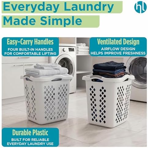Home Logic 2 Bushel Plastic Laundry Basket Lamper, Large Laundry Hamper with Handles, Ventilated Clothes Organizer for Bedroom Bathroom Closet, 6 Pack, White - Image 3