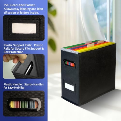 4 Pack Collapsible File Storage Box for Letter Size Documents, Portable File Organizer Box with Plastic Rails and Reinforced Cardboard, Desktop and Home Office Organization, Black - Image 3