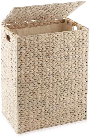 Casafield Large Laundry Hamper with Lid and Removable Liner Bag - Whitewash White, Woven Water Hyacinth Rectangular Laundry Basket Clothes Sorter by Casafield