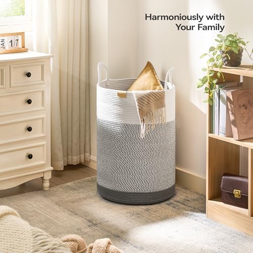 Nunsino Laundry Hamper 75L,Large Laundry Basket for Clothes,Decorative Storage Basket for Blankets,Cotton Rope Woven basket for bedroom,Grey White - Image 2