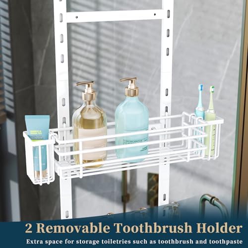 Consumest Over The Door Shower Caddy - 5 Tier Adjustable Shower Organizer Hanging with 2 Toothbrush Holders & 4 Hooks, Rustproof Organizer Shelf, Storage Rack for Bathroom, White - Image 3