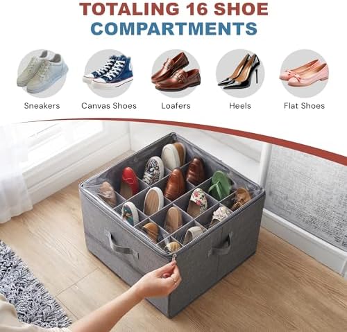 2 Pack Under Bed Shoe Storage Organizer, 16-Compartment Foldable Shoe Storage Boxes with Adjustable Dividers & Clear PVC Lid, Sneakers, Heels, Boots & Sandals Organizer for Closet, Grey - Image 5