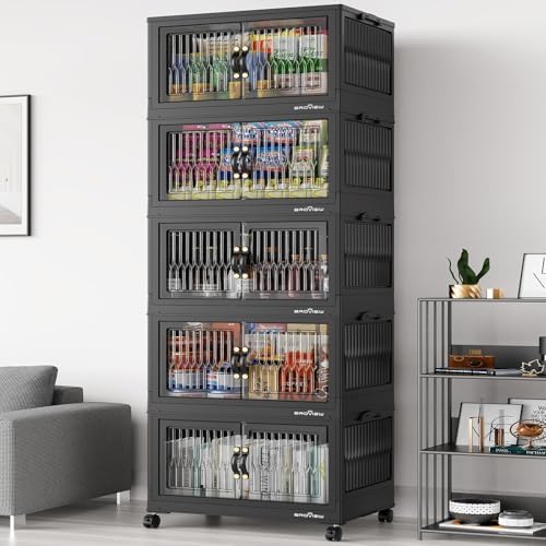 BROVIEW 400Qt Stackable Storage Bins with Lid, Extra Large Closet Organizer Collapsible Drawer Boxes with Wheels, Folding Plastic Cabinet Containers for Home Kitchen Room Organization, 5Pack Black by BROVIEW-EnjoytheArtofLife