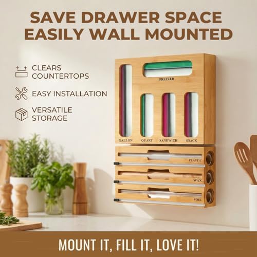 9 in 1 Storage Bag Organizer for Kitchen Drawer, Bamboo Foil and Plastic Wrap with Cutter, Ziplock Bag Organizer for Quart, Gallon, Sandwich & Snack Bags - Aluminum Foil Organizer - Image 7