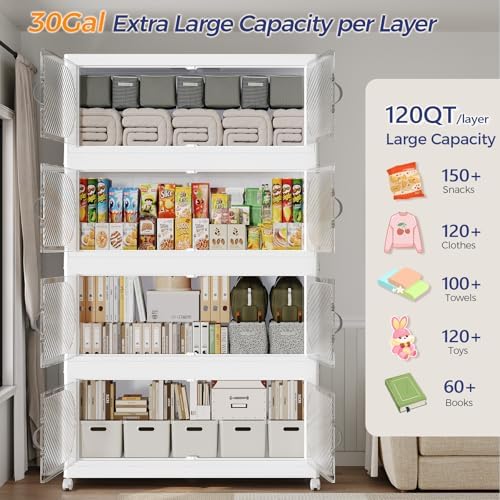 180GAL (720QT) Collapsible Plastic Storage Bins with Lid & Wheels, Extra Large Stackable Closet Organizers Storage Boxes, Folding Cabinet for Home Kitchen Office, 6Pack White - Image 3