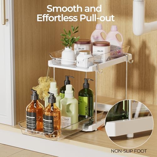Delamu 2 Tier Under Sink Organizer Bathroom, Bathroom Cabinet Organizer with Snap-Lock Design and Hooks, Pull Out Storage with Movable Dividers, for Countertop, Kitchen and Pantry (White, 4 Pack) - Image 5