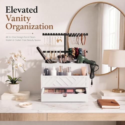 Xuhal Hair Tool Organizer Hair Dryer Holder with Drawer and Jewelry Rack and Drawer, Wall Mounted Styling Tools Station for Bathroom Vanity, Blow Dryer Curling Iron Flat Iron Storage Caddy (White) - Image 5