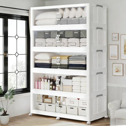 1200QT Extra Large Stackable Storage Bins with Lid, 300Gal Plastic Closet Organizers and Storage Drawer, Collapsible Cabinet Box with Wheels Clear Doors for Home Kitchen Office, 5Pack White by QAVABIN