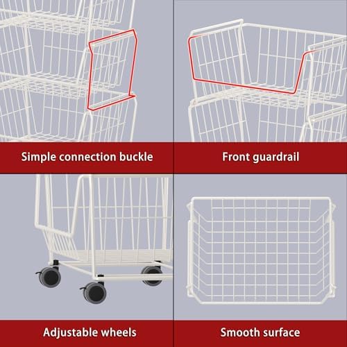 PUSDON 4-Tier Large Stackable Wire Storage Baskets with Wheels, Metal Rolling Utility Cart Organizer, Produce Basket for Kitchen Pantry, Floor Shelf, Classic White - Image 6