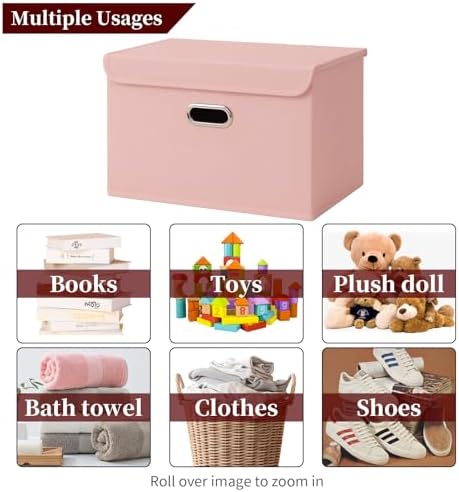 STOREONE Fabric Storage Cube Bins Foldable Organizer Container Collapsible Basket with Lids and Metal Handles, for Home, Bedroom, Closet 3 Pcs (multicolour-pink) - Image 3