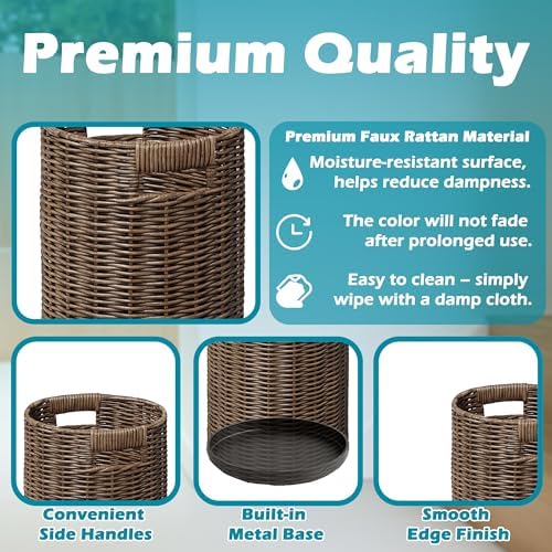 Rattan Umbrella Holder 21"H X 10"D, Handmade Wicker Umbrella Stand Indoor with Dip Tray, Sturdy Umbrella Holders for Entryway, Umbrella Bucket Fits Mudroom,Walking Canes,Home,Office (Brown) - Image 4