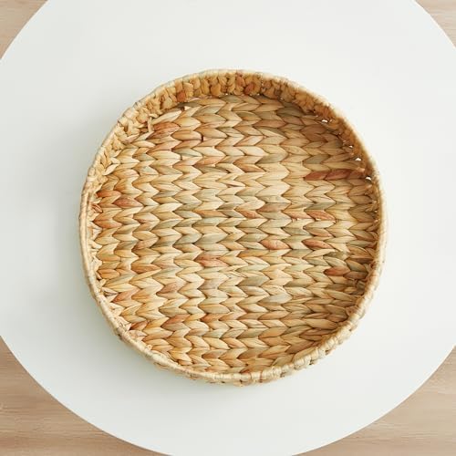 Round Water Hyacinth Serving Tray with Built-in Handles, Hand Woven Rattan Basket for Breakfast, Coffee, Tea, Snacks & Fruit, Decorative Storage Organizer, 13 Inch - Image 6