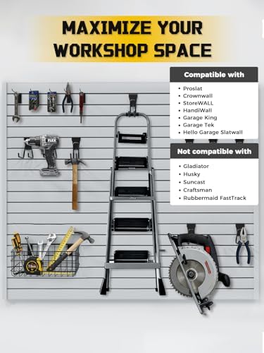 AZUNO 32Pcs Slatwall Accessories Set with 4 Slatwall Baskets & 26 Multi-Sized Slatwall Hooks and 2 Heavy-Duty Storage Straps for Garage, Workshop, and Home Organization Storage - Image 4