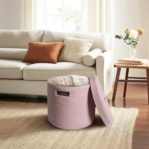 Storage Basket with Lid, Woven Blanket Storage for Living Room, Soft Cotton Rope Bin with Lid, Round Wicker Laundry Basket with Cover, Lidded Kid Dog Toy Box, Nursery Organizer, 15"x13", Pink - Image 6