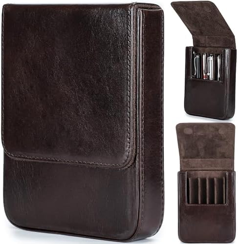 Top Grain Genuine Leather 6 Pencil/Pen Tray Case Organizer, Fashion Design No Logo, Handmade, Magnetic Closure with Drawer Design, Gift Choice for Man/Woman/Office, Glossy Coffee, 6 Slots by CataPurusLeatherCrafts