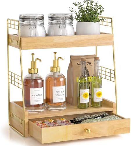 Coffee Bar Station Organizer with Drawer, 2-Tier Countertop Shelf (Natural) by JNFUZ