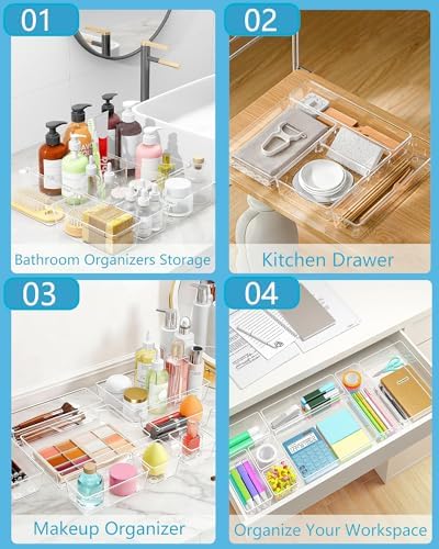 44 Pcs Makeup Drawer Organizer Set, 4 Sizes Versatile Vanity Drawer Organizer for Makeup, Non-Slip Desk Organizer Trays for Bathroom, Bedroom, Office, Fits Jewelry and Office Supplies - Image 6