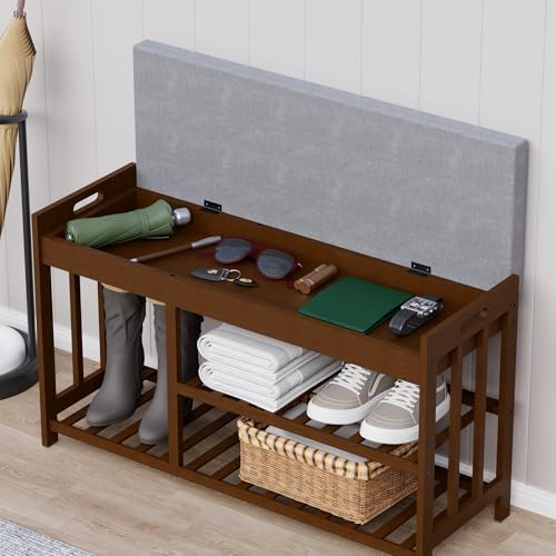 Bamboo Shoe Storage Bench with Cushioned Seat 3-Tier Entryway Shoe Rack - Image 3