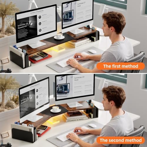 WESTREE Dual Monitor Stand Riser with Pen Holder, Computer Monitor Riser with Adjustable Angle and LED, Desktop Monitor Stand Riser Storage Organizer - Image 2