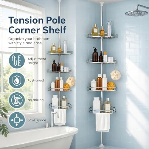 Corner Shower Caddy Tension Pole, 4-Tier SS Bathroom Storage Rack - Image 7