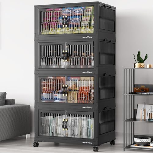 BROVIEW 320Qt Stackable Storage Bins with Lid, Extra Large Closet Organizer Collapsible Drawer Boxes with Wheels, Folding Plastic Cabinet Containers for Home Kitchen Room Organization, 4Pack Black by BROVIEW-EnjoytheArtofLife