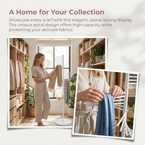 67" Freestanding Spiral Scarf Organizer - 30 Rods Metal Holder, Space Saving Hijab/Belt/Pants Rack for Closet, Clothing Store & Home (White) - Image 5