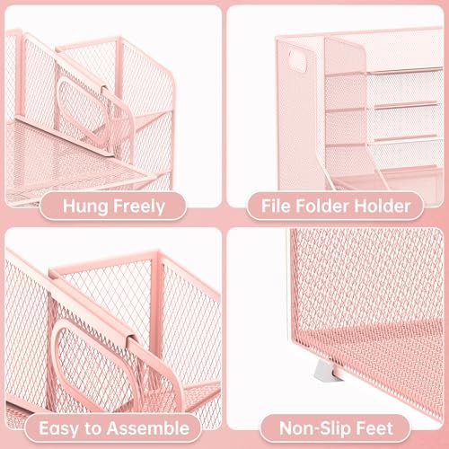 Desk Organizer with 5 Tier File Holder and Sliding Drawer Pen Holder Pink - Image 3